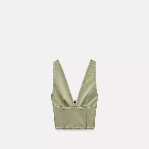 Zara Olive Green V-Neck Crop Top - Picture 1 of 4